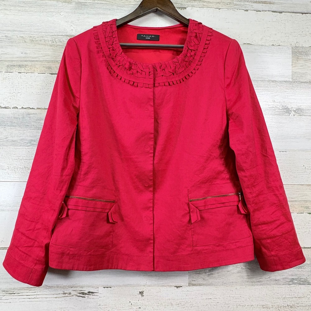 Tahari Jacket Women 18 Red Linen Blend Ruffle Neck Snap Front Chic Corpcore